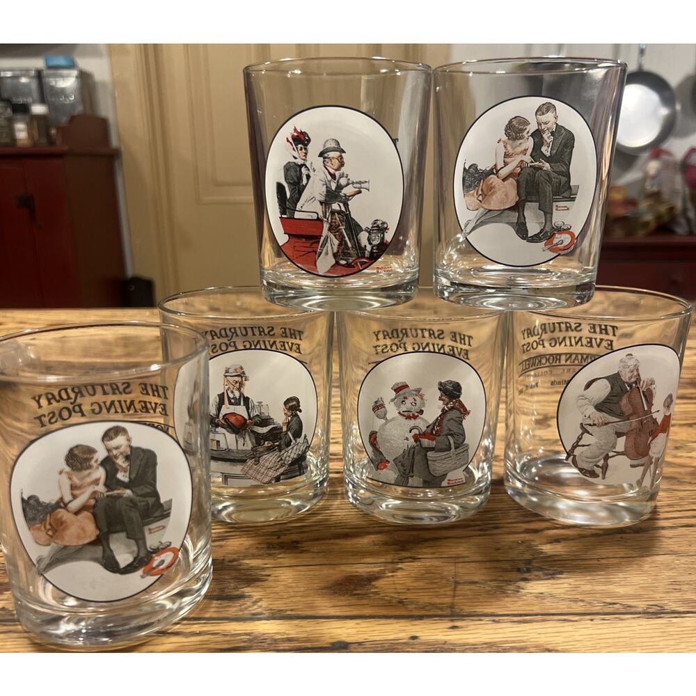 Saturday Evening Post Norman Rockwell Flat Tumblers Whiskey Glasses Set of 6